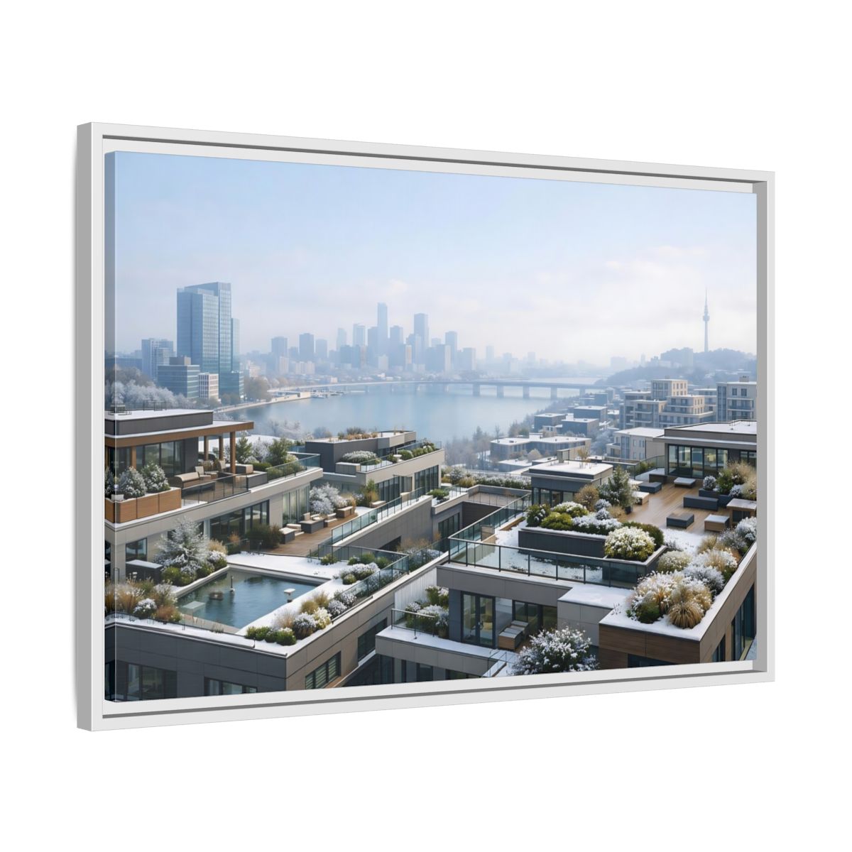 Side Mockup 10. Nature Cityscape Winter Cityscape shown as stretched canvas wall art