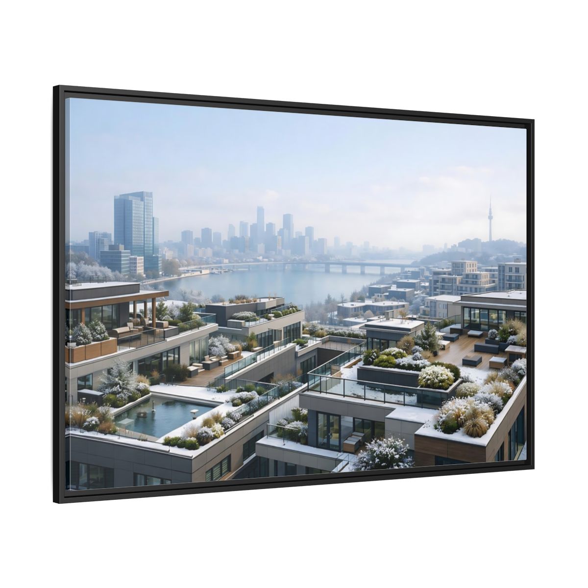Side Mockup 12. Nature Cityscape Winter Cityscape shown as stretched canvas wall art