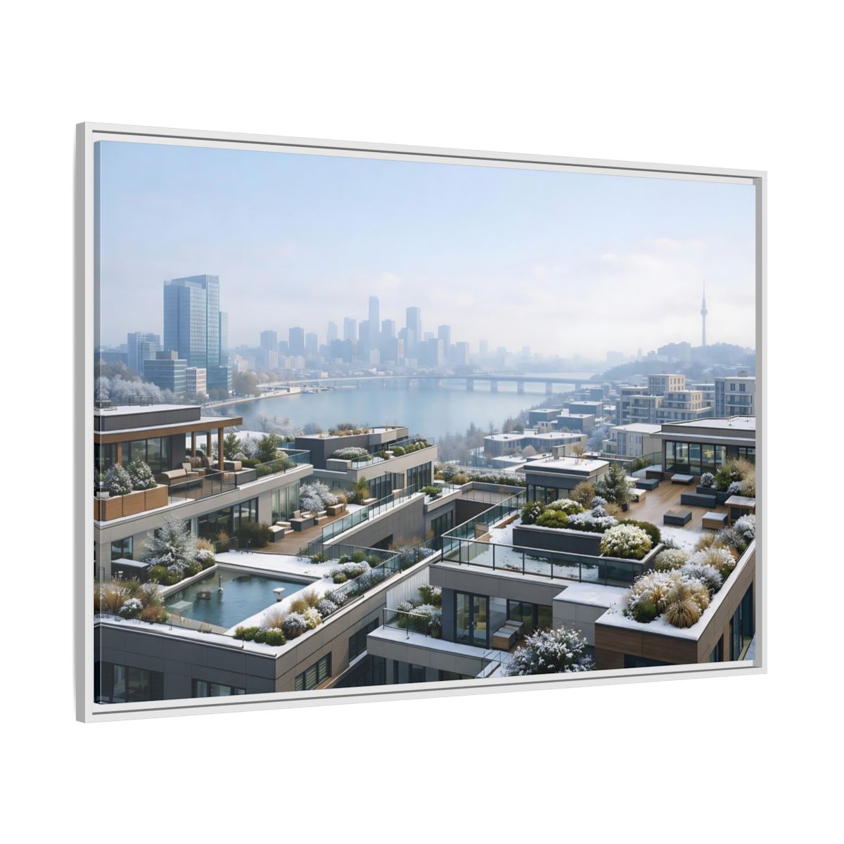 Side Mockup 7. Nature Cityscape Winter Cityscape shown as stretched canvas wall art