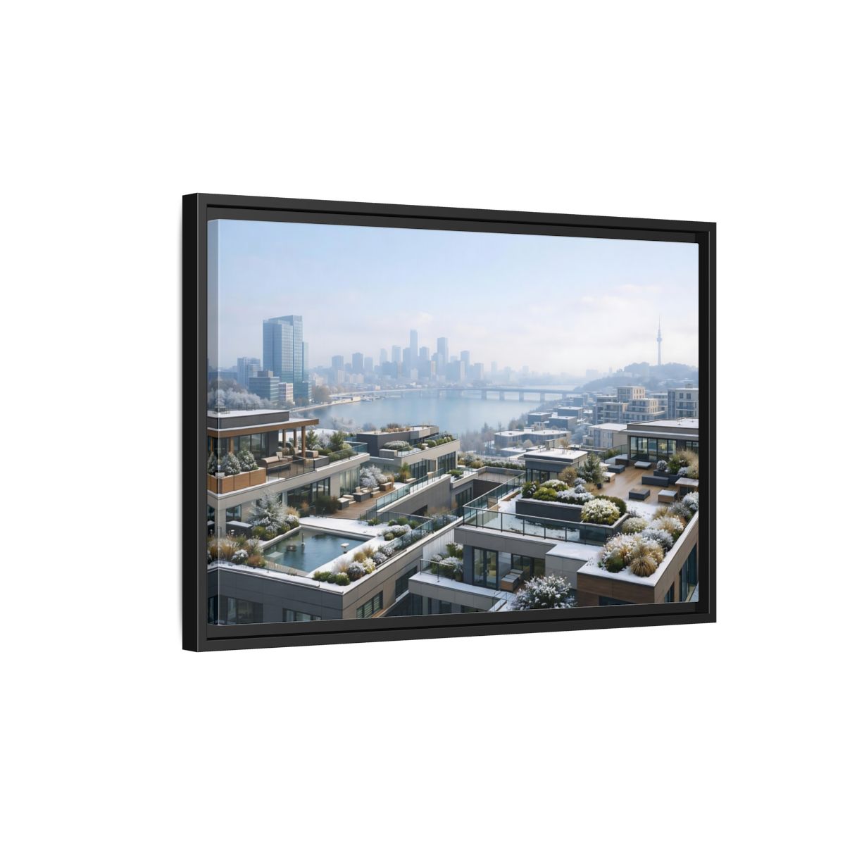 Side Mockup 3. Nature Cityscape Winter Cityscape shown as stretched canvas wall art