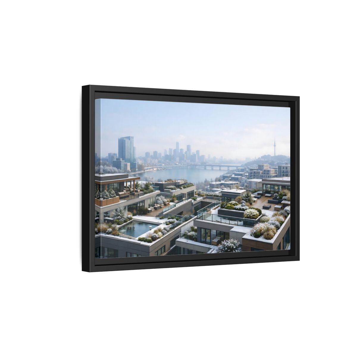 Side Mockup 6. Nature Cityscape Winter Cityscape shown as stretched canvas wall art