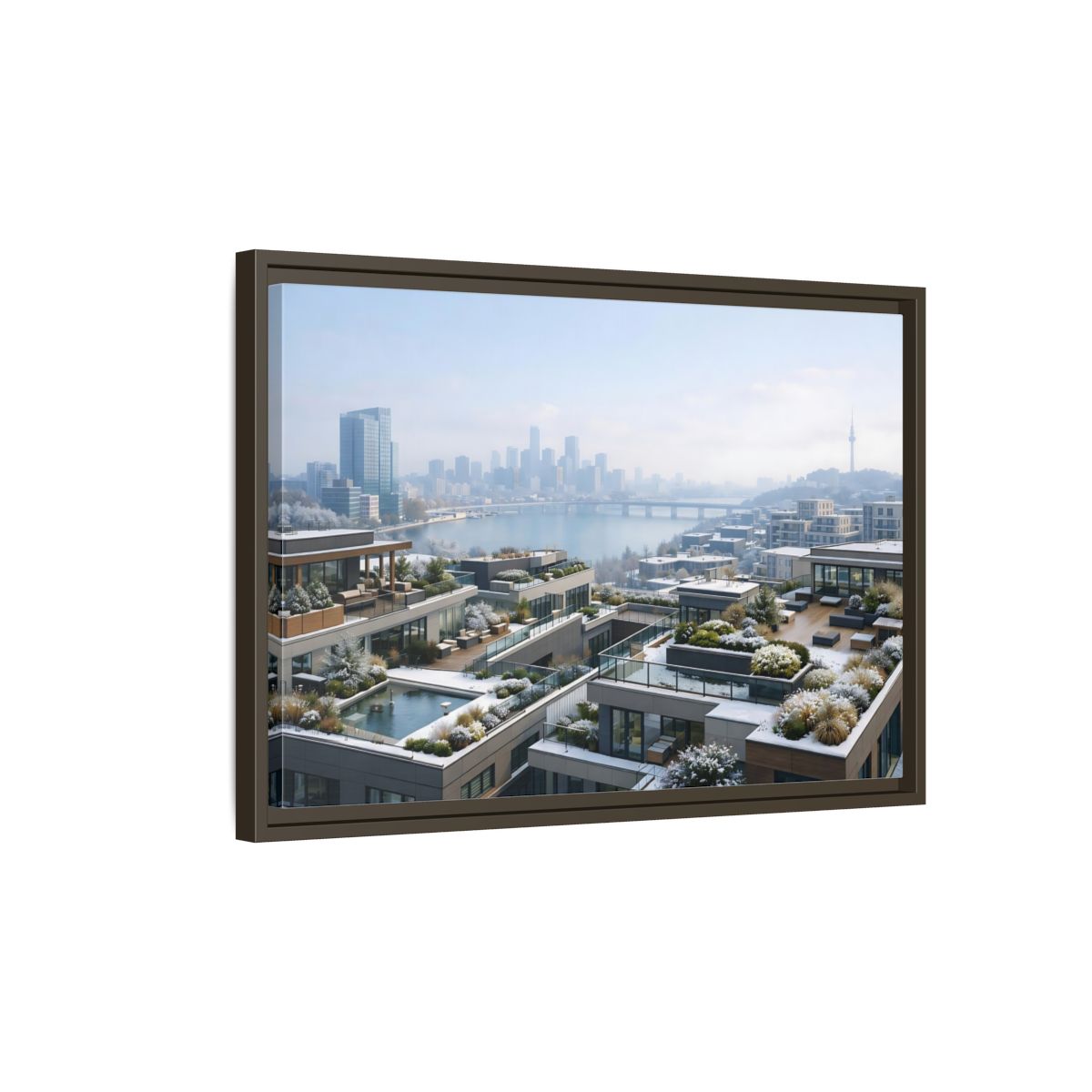 Side Mockup 2. Nature Cityscape Winter Cityscape shown as stretched canvas wall art