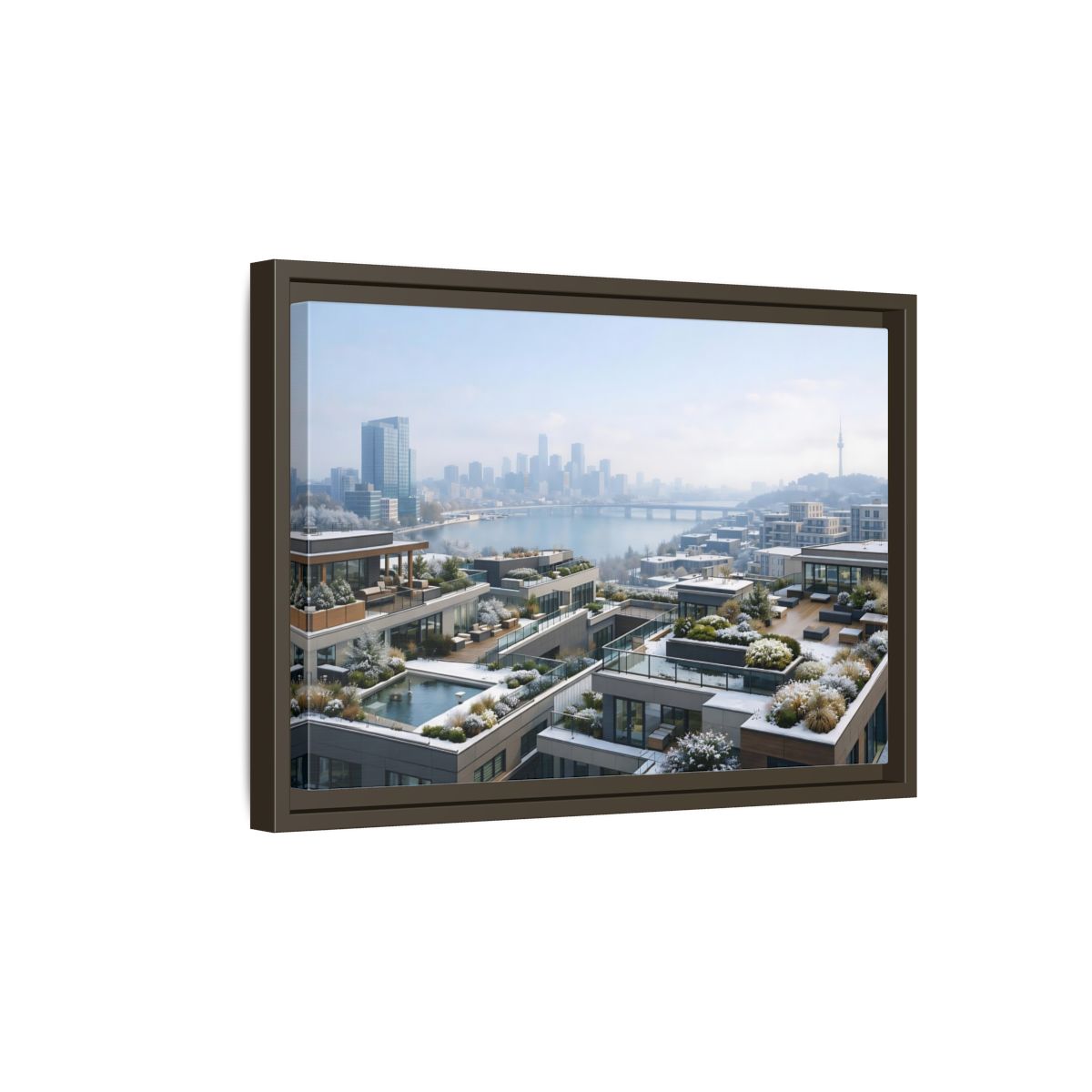 Side Mockup 5. Nature Cityscape Winter Cityscape shown as stretched canvas wall art