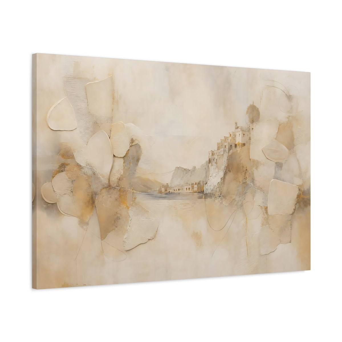 Main Mockup. Nature Cliffside Village Beige And Gold shown as stretched canvas wall art