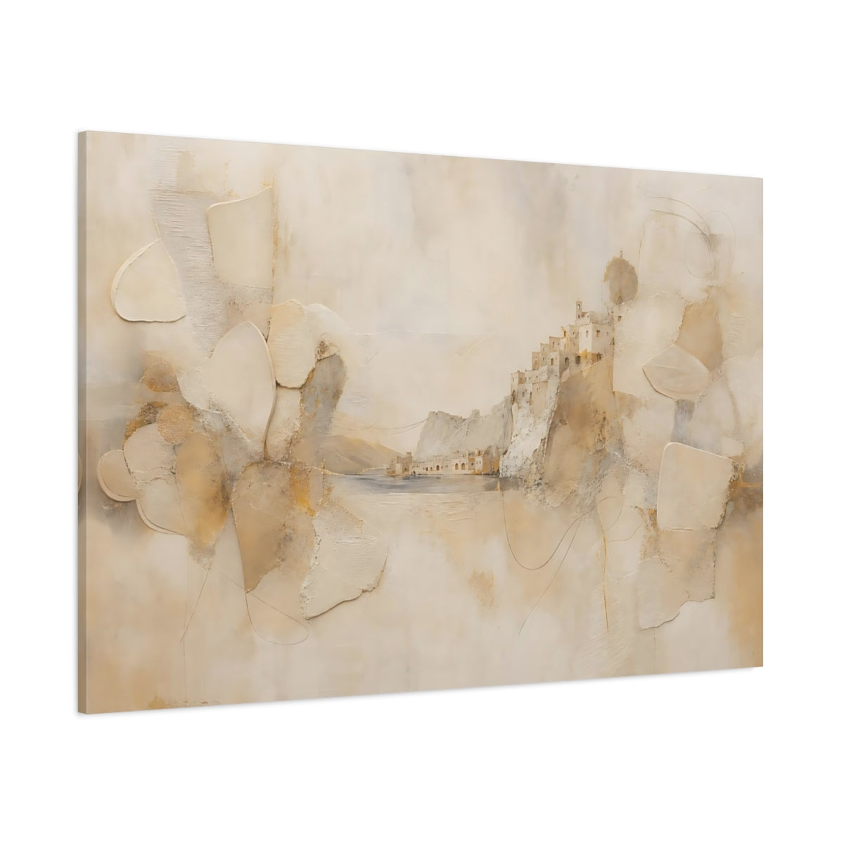 Side Mockup 1. Nature Cliffside Village Beige And Gold shown as stretched canvas wall art