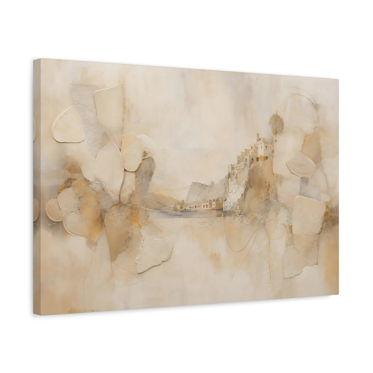 Side Mockup 3. Nature Cliffside Village Beige And Gold shown as stretched canvas wall art