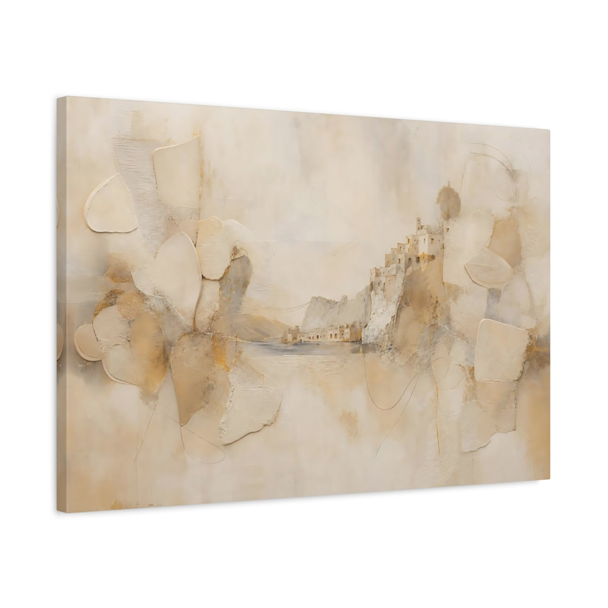 Side Mockup 2. Nature Cliffside Village Beige And Gold shown as stretched canvas wall art