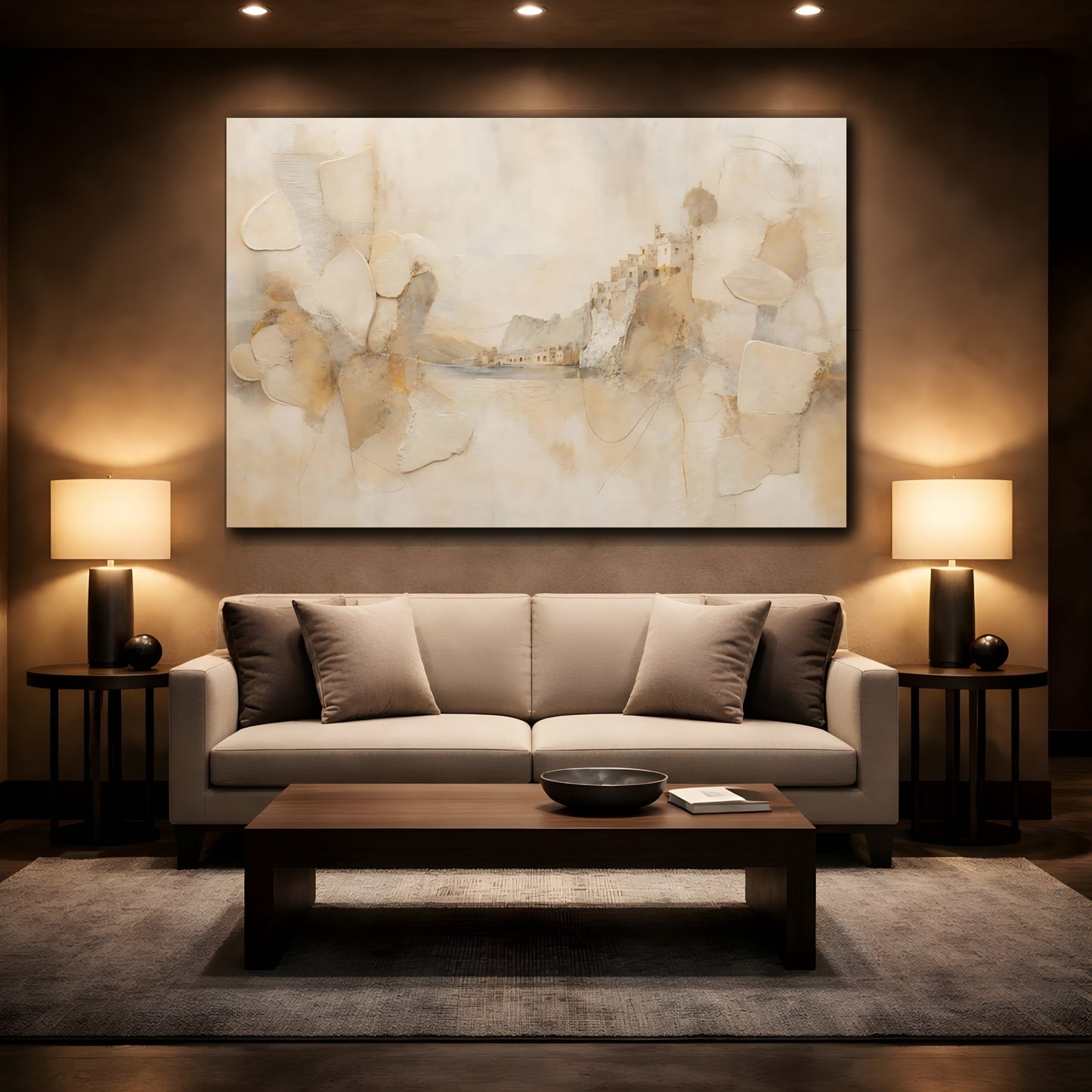 Mockup 2. Nature Cliffside Village Beige And Gold shown as stretched canvas wall art