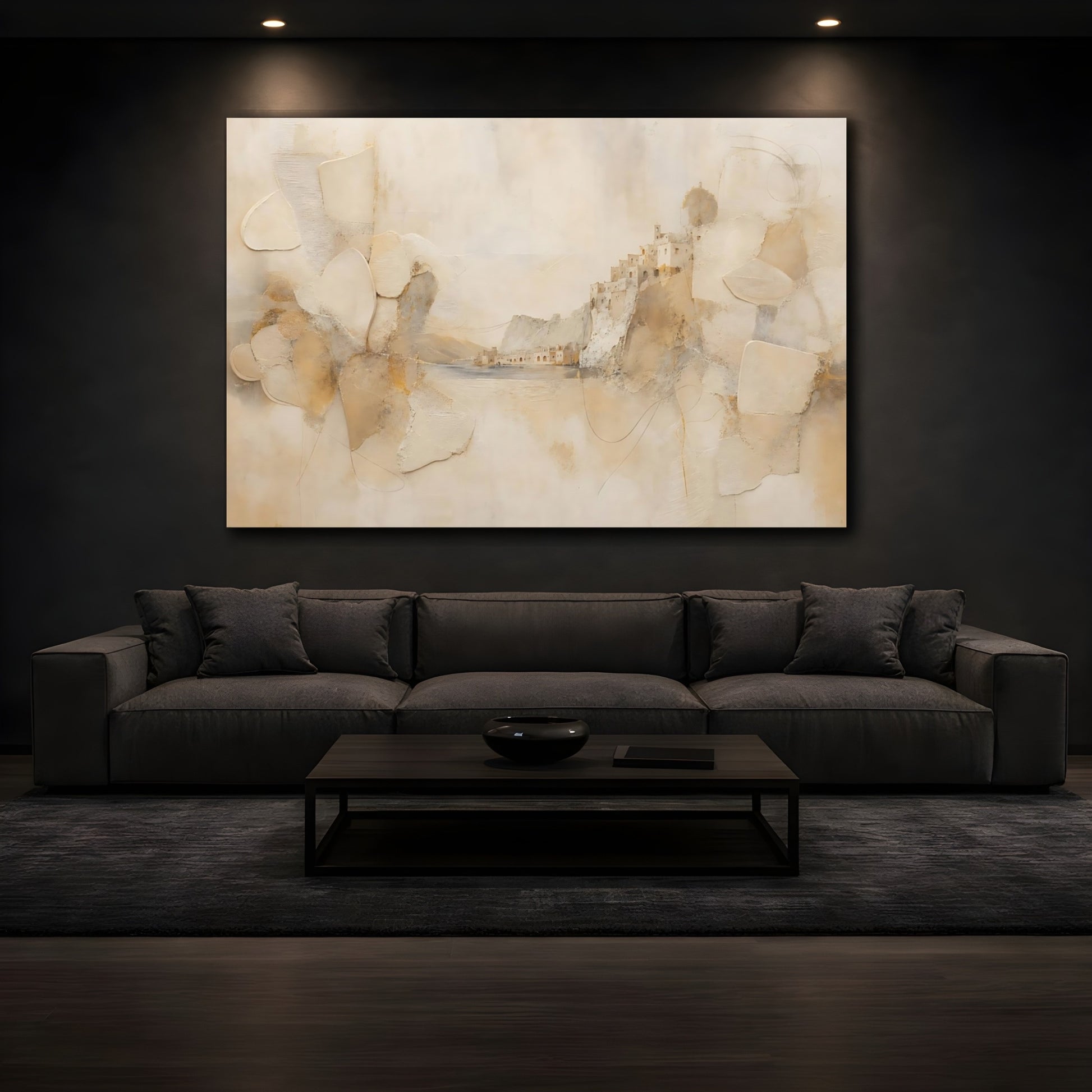 Mockup 3. Nature Cliffside Village Beige And Gold shown as stretched canvas wall art