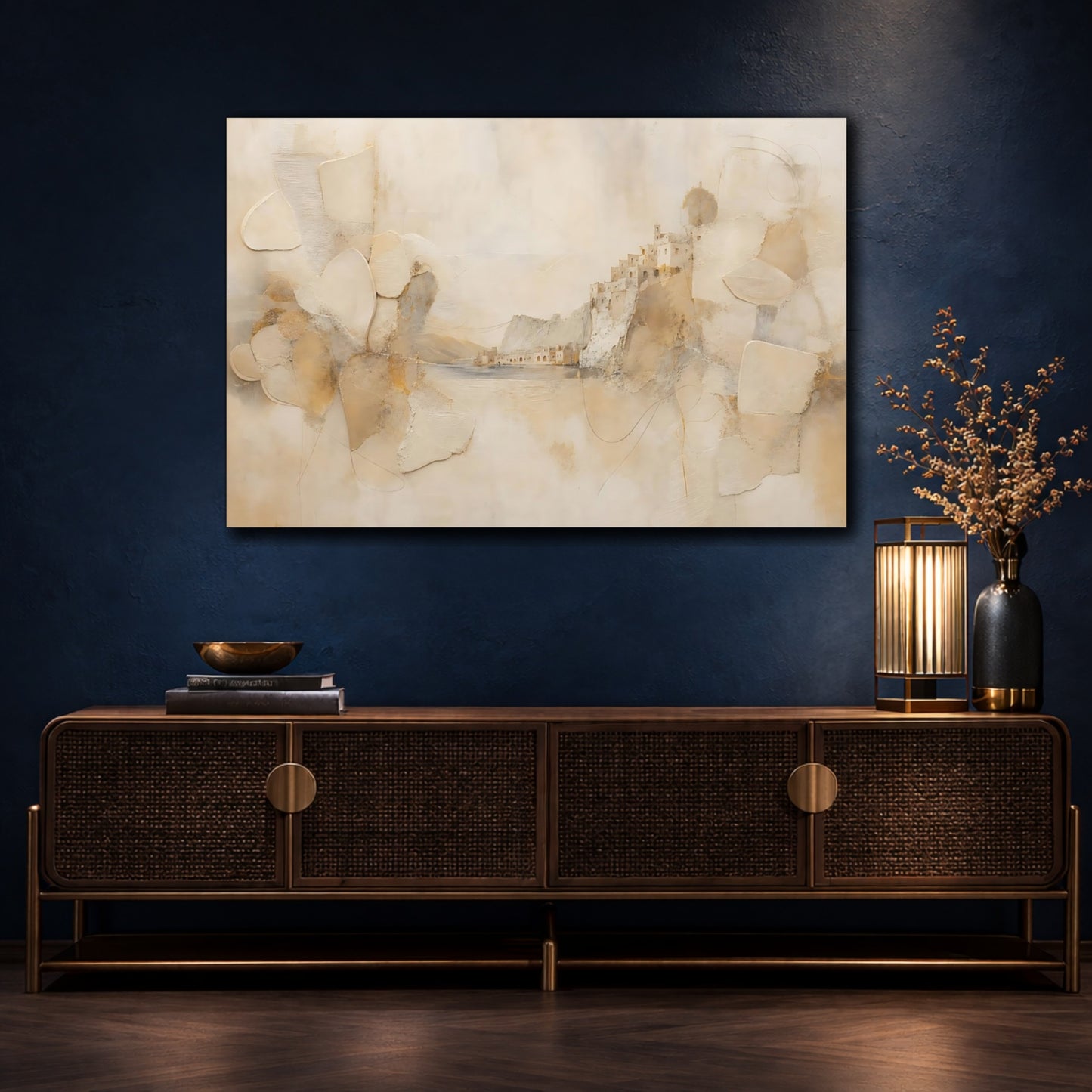 Mockup 4. Nature Cliffside Village Beige And Gold shown as stretched canvas wall art