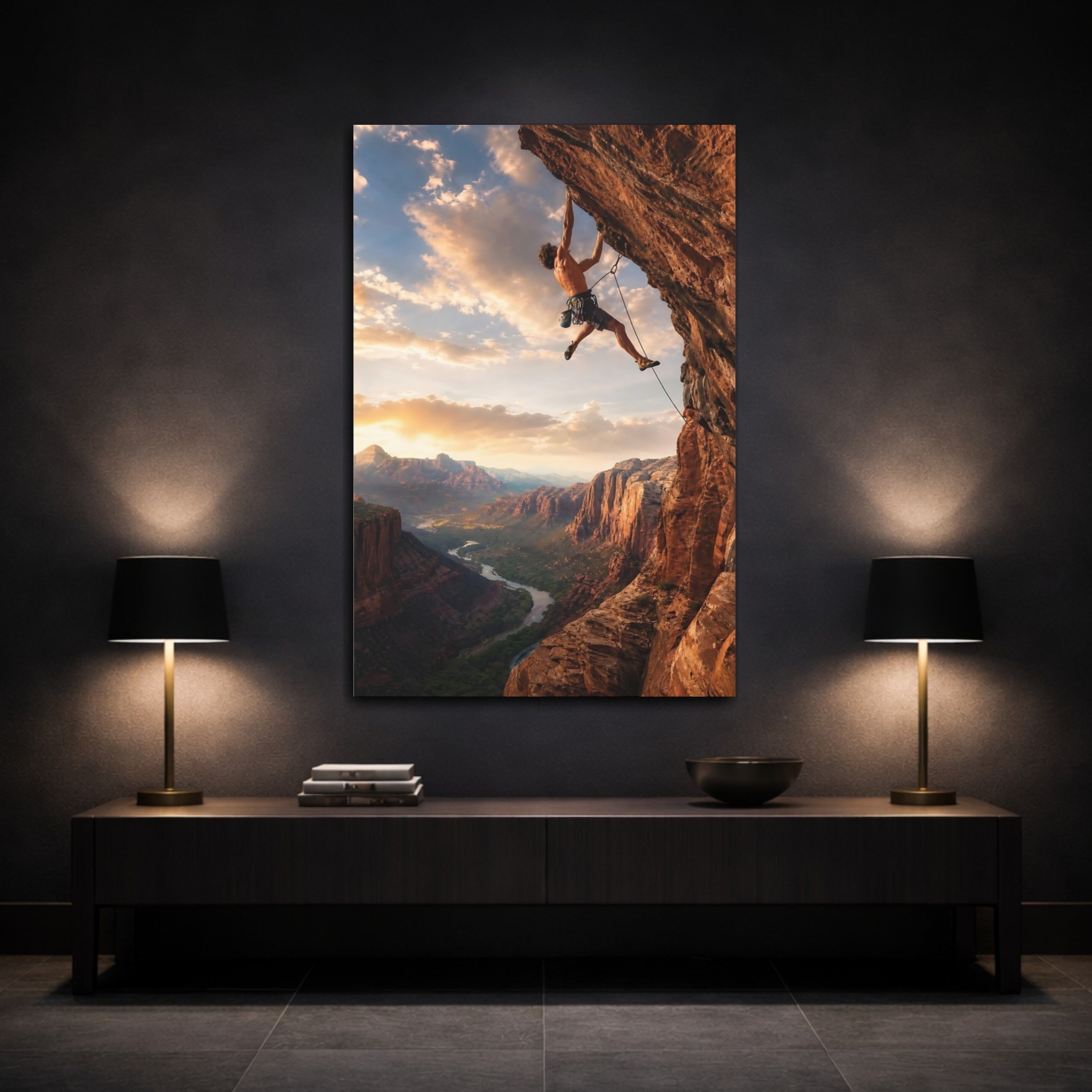 Mockup 3. Nature Climber Orange Mountain shown as stretched canvas wall art