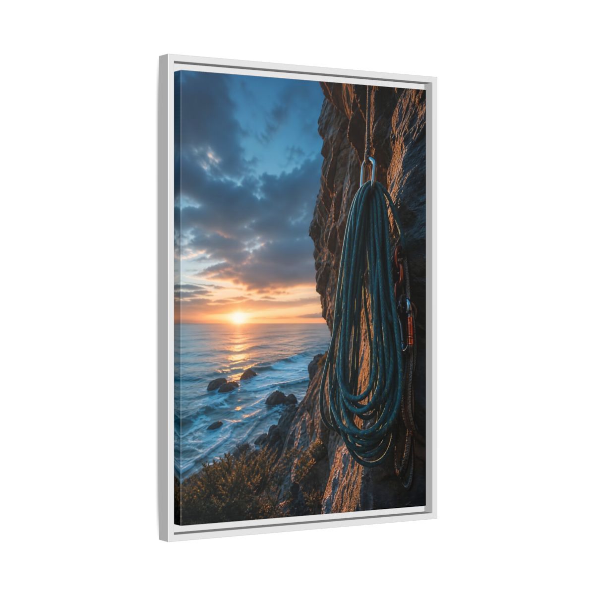 Side Mockup 10. Nature Climbing Rope Sunset Ocean Climb shown as framed canvas print