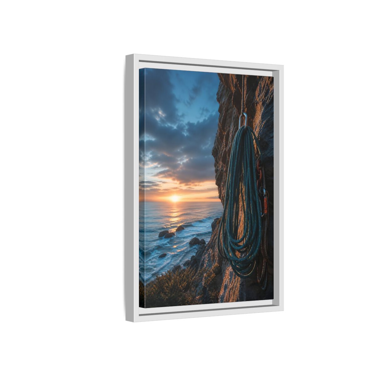 Side Mockup 4. Nature Climbing Rope Sunset Ocean Climb shown as framed canvas print