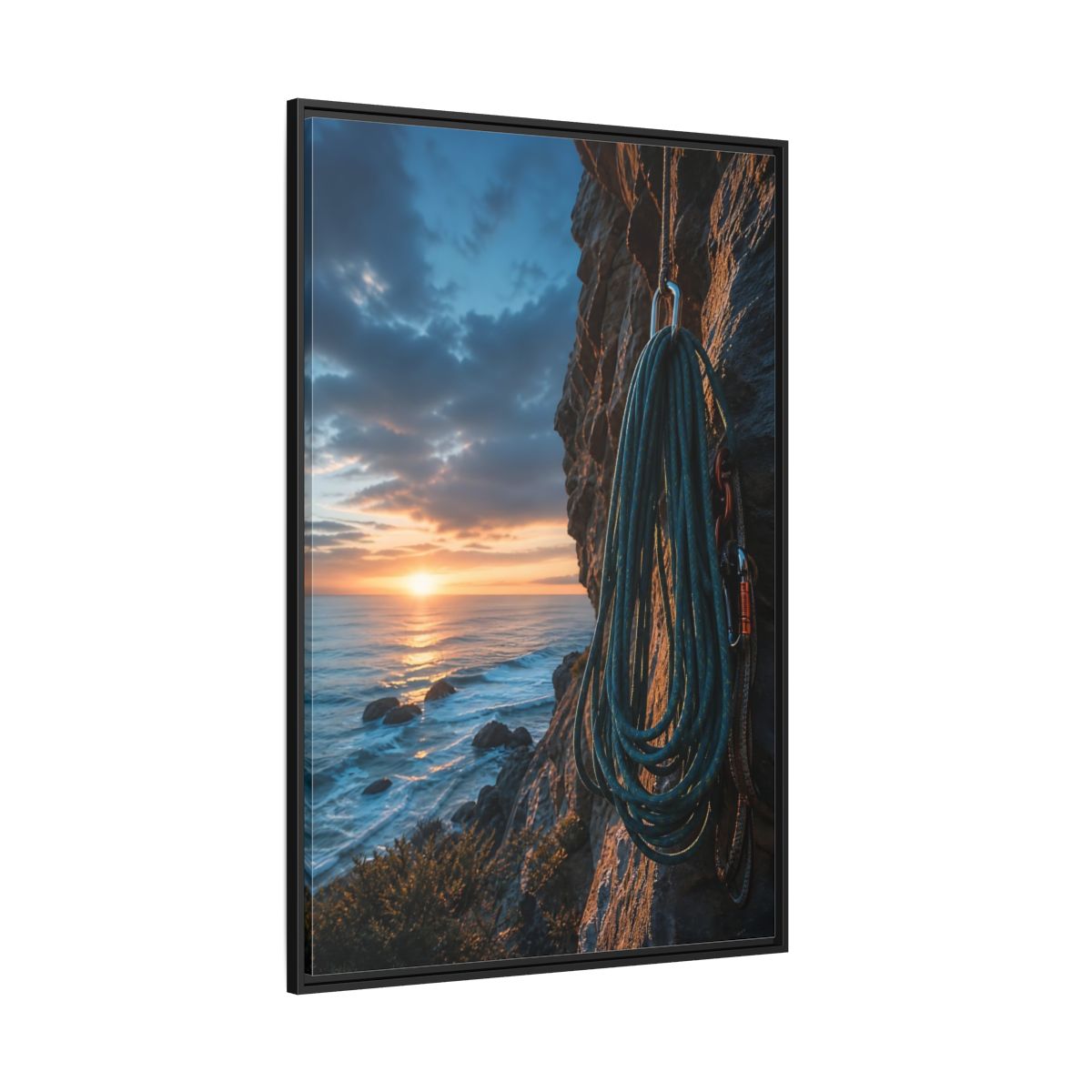 Side Mockup 12. Nature Climbing Rope Sunset Ocean Climb shown as framed canvas print