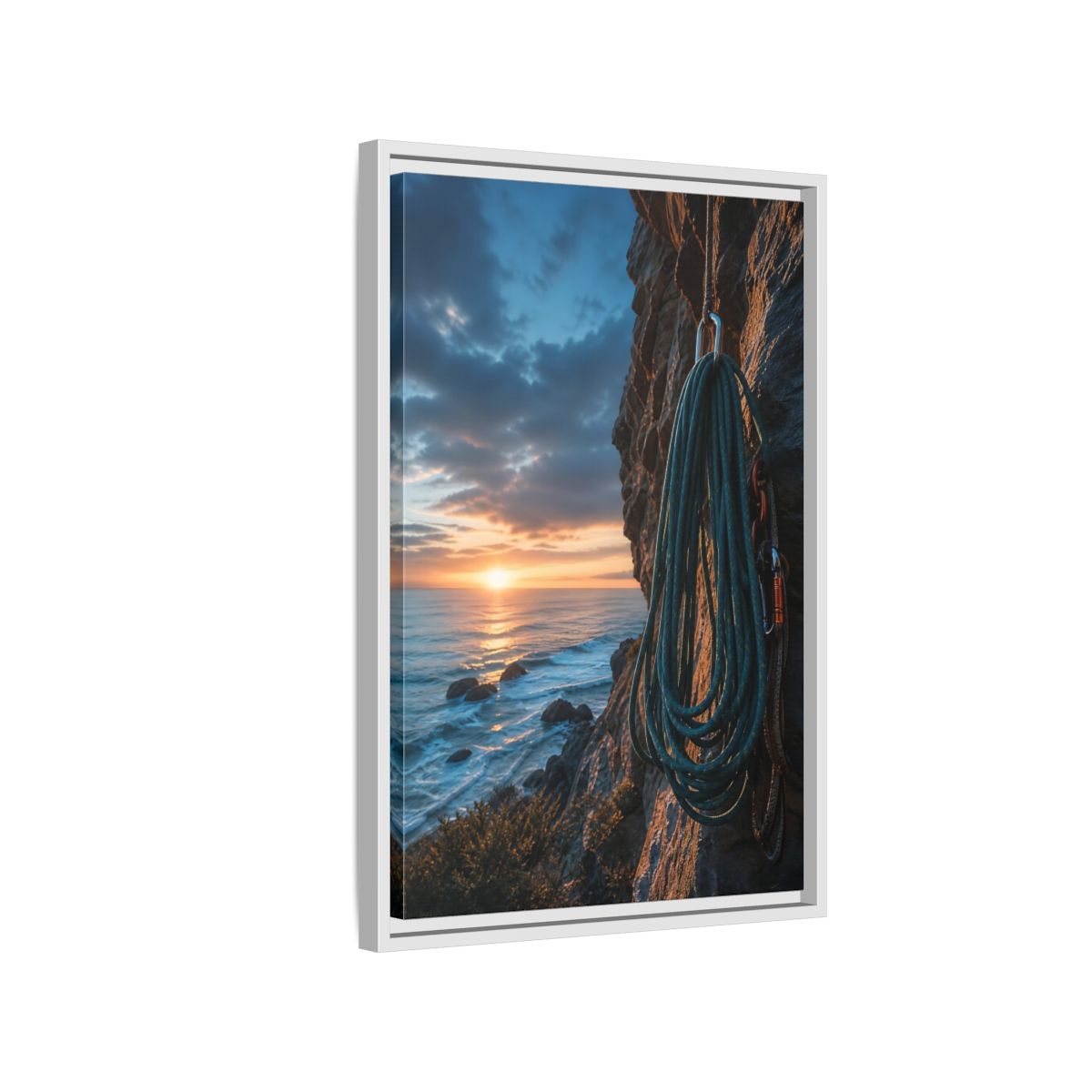 Side Mockup 1. Nature Climbing Rope Sunset Ocean Climb shown as framed canvas print