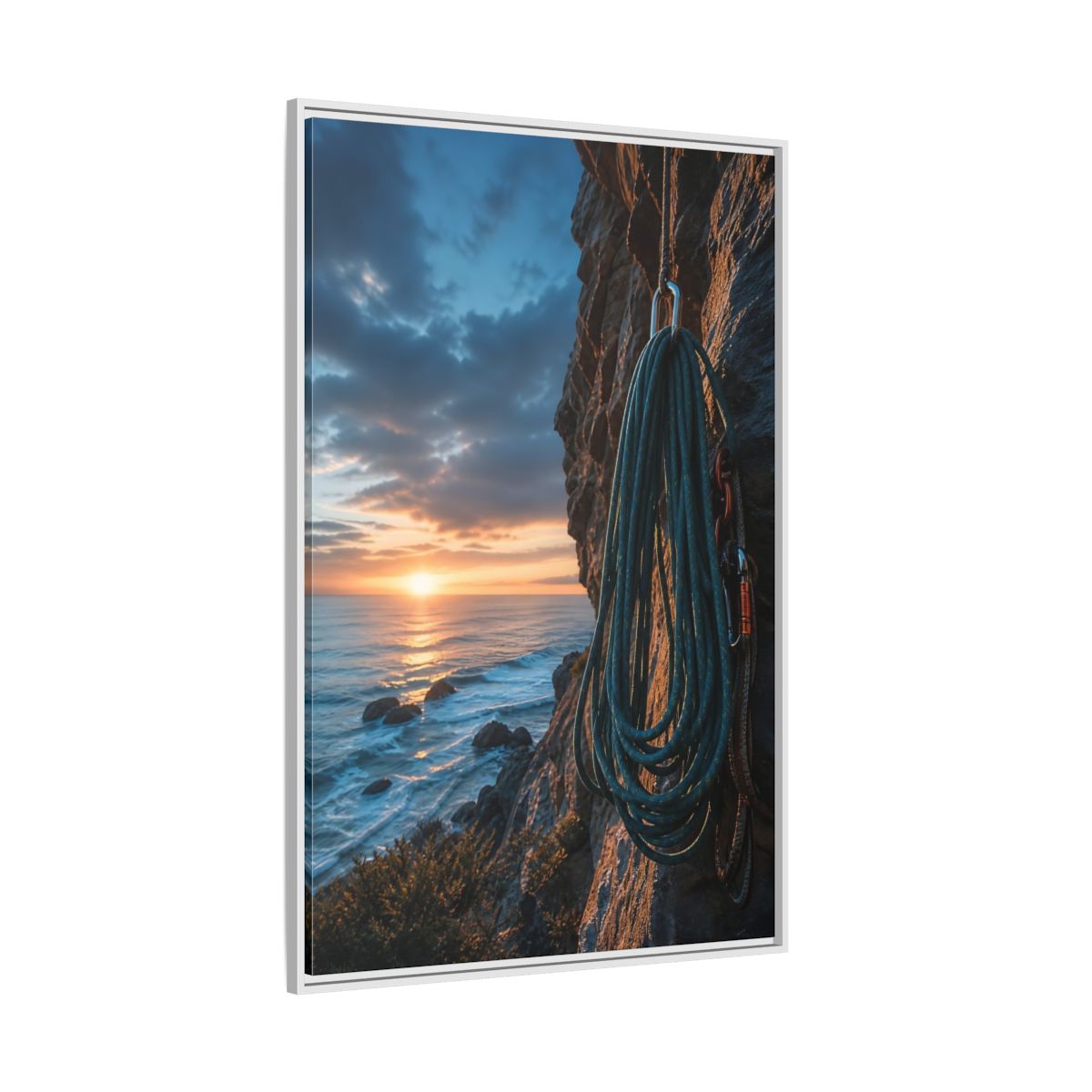 Side Mockup 7. Nature Climbing Rope Sunset Ocean Climb shown as framed canvas print