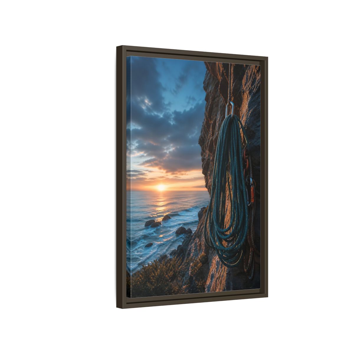 Side Mockup 2. Nature Climbing Rope Sunset Ocean Climb shown as framed canvas print