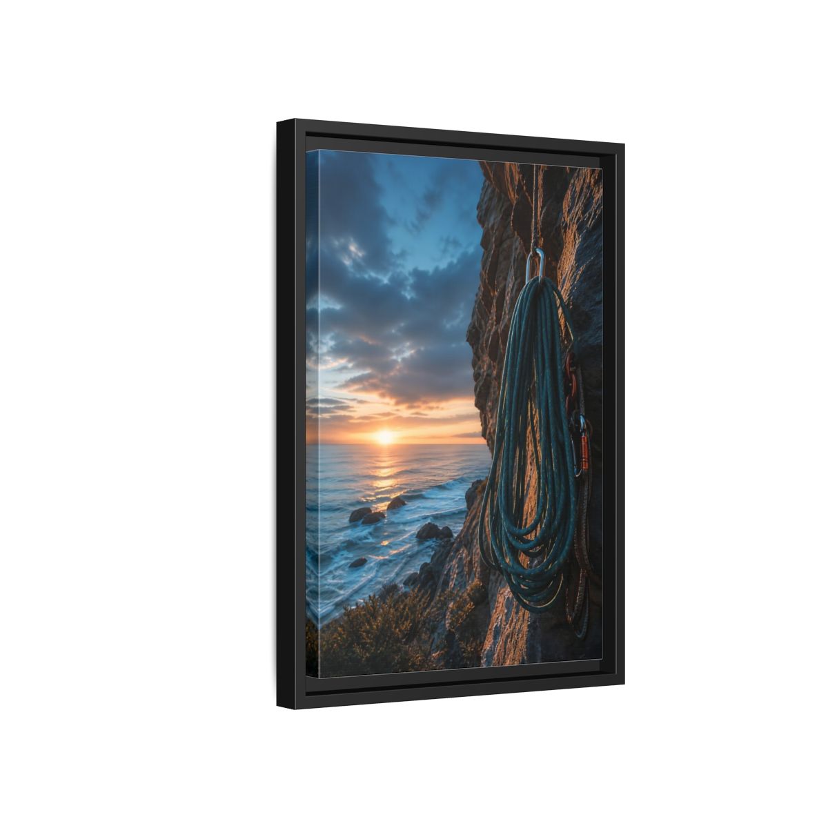 Side Mockup 6. Nature Climbing Rope Sunset Ocean Climb shown as framed canvas print