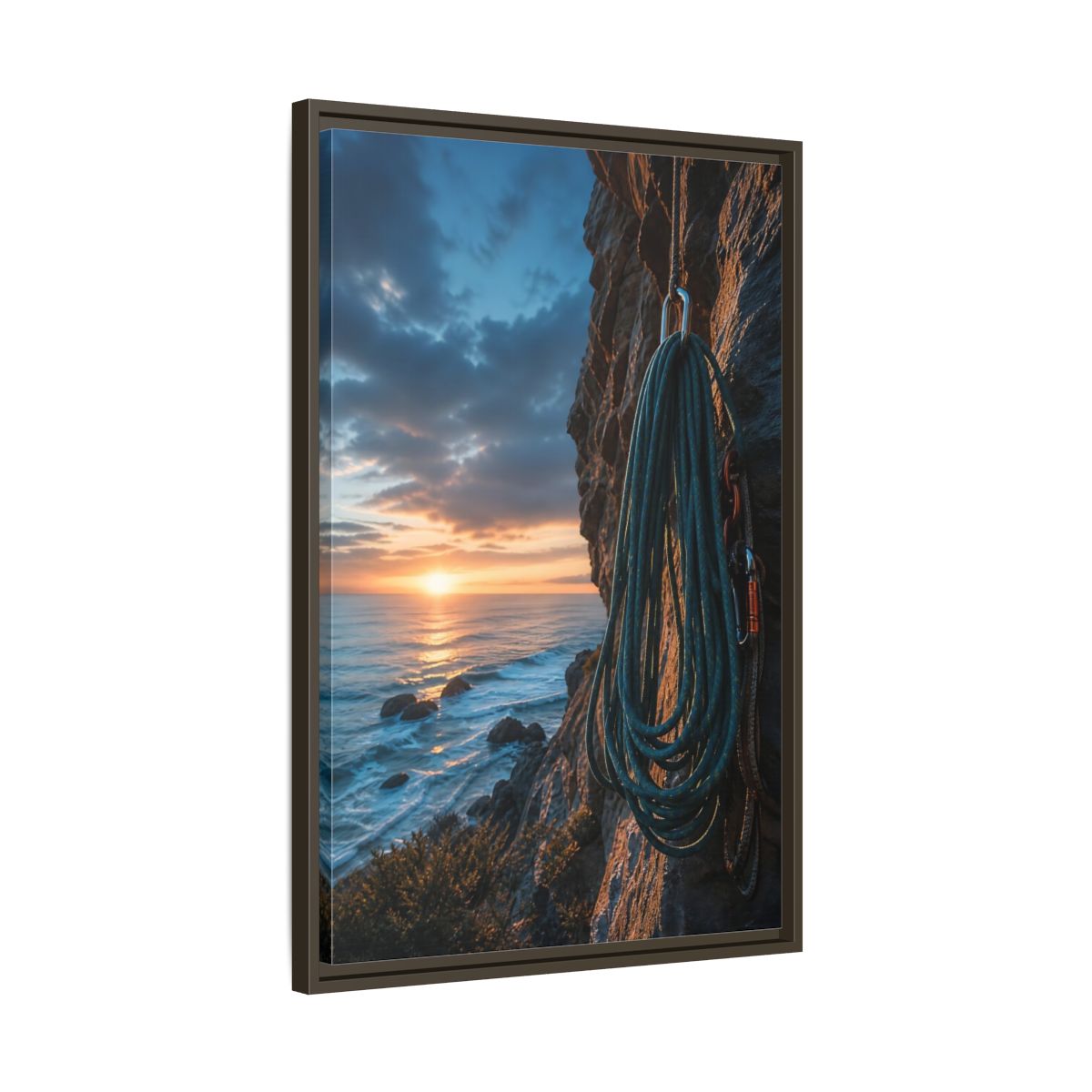 Side Mockup 11. Nature Climbing Rope Sunset Ocean Climb shown as framed canvas print