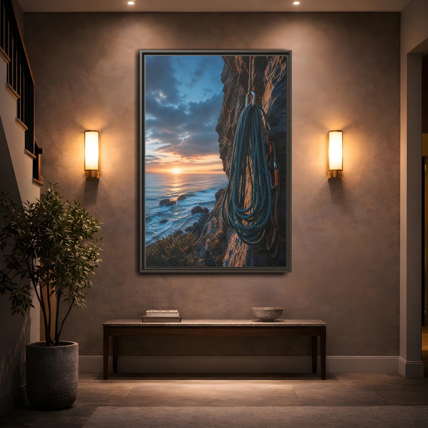 Mockup 2. Nature Climbing Rope Sunset Ocean Climb shown as framed canvas print