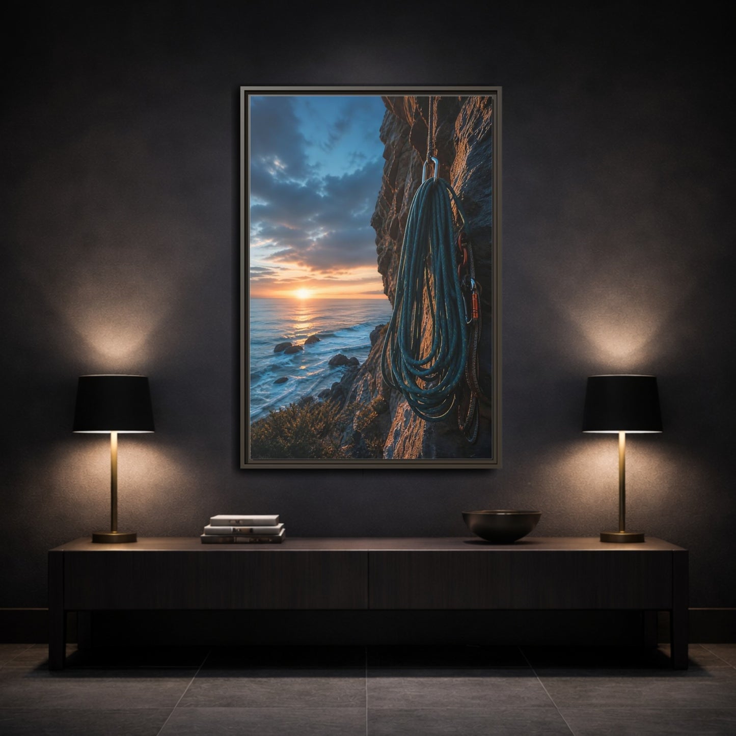 Mockup 3. Nature Climbing Rope Sunset Ocean Climb shown as framed canvas print