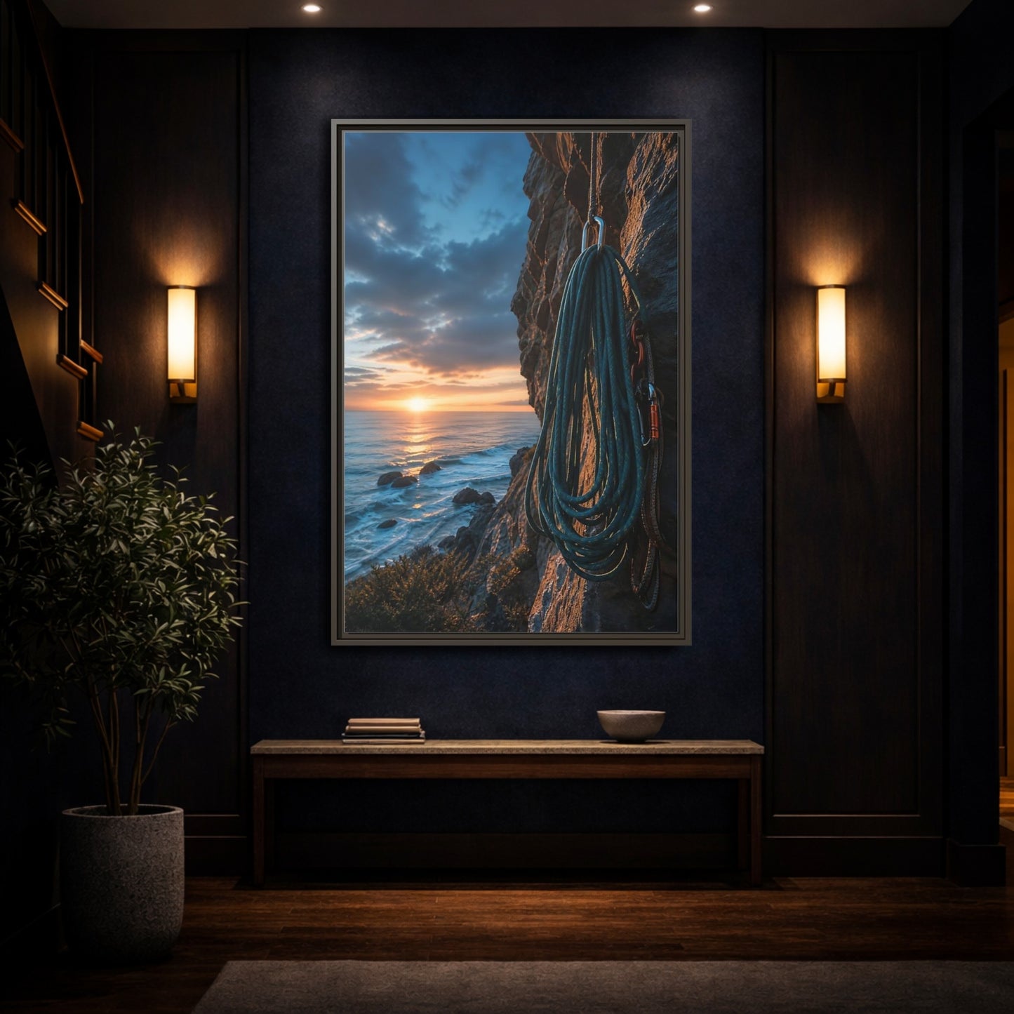 Mockup 4. Nature Climbing Rope Sunset Ocean Climb shown as framed canvas print