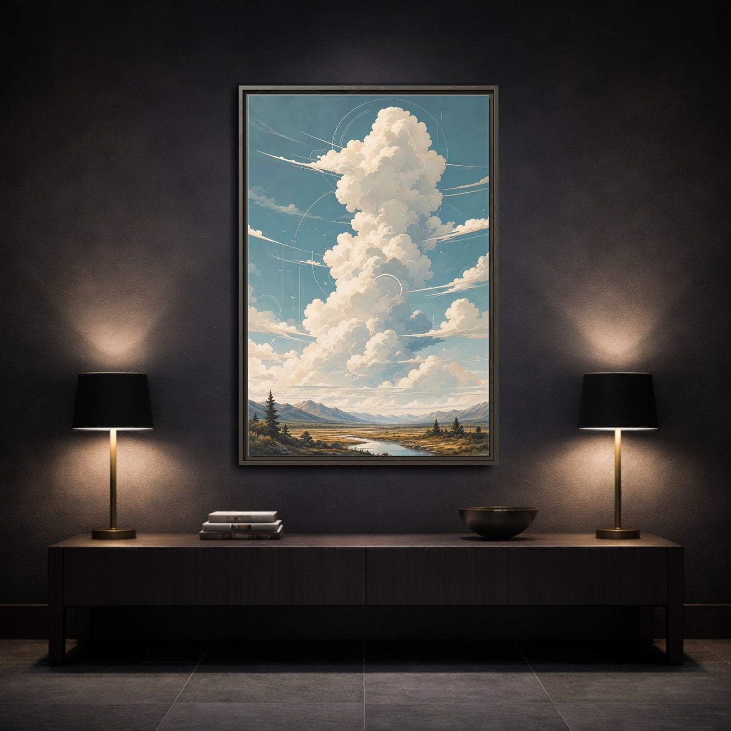 Nature Clouds Blue Sky Framed Canvas Wall Art - Illustrative Living Room, Above Fireplace shown as canvas wall art