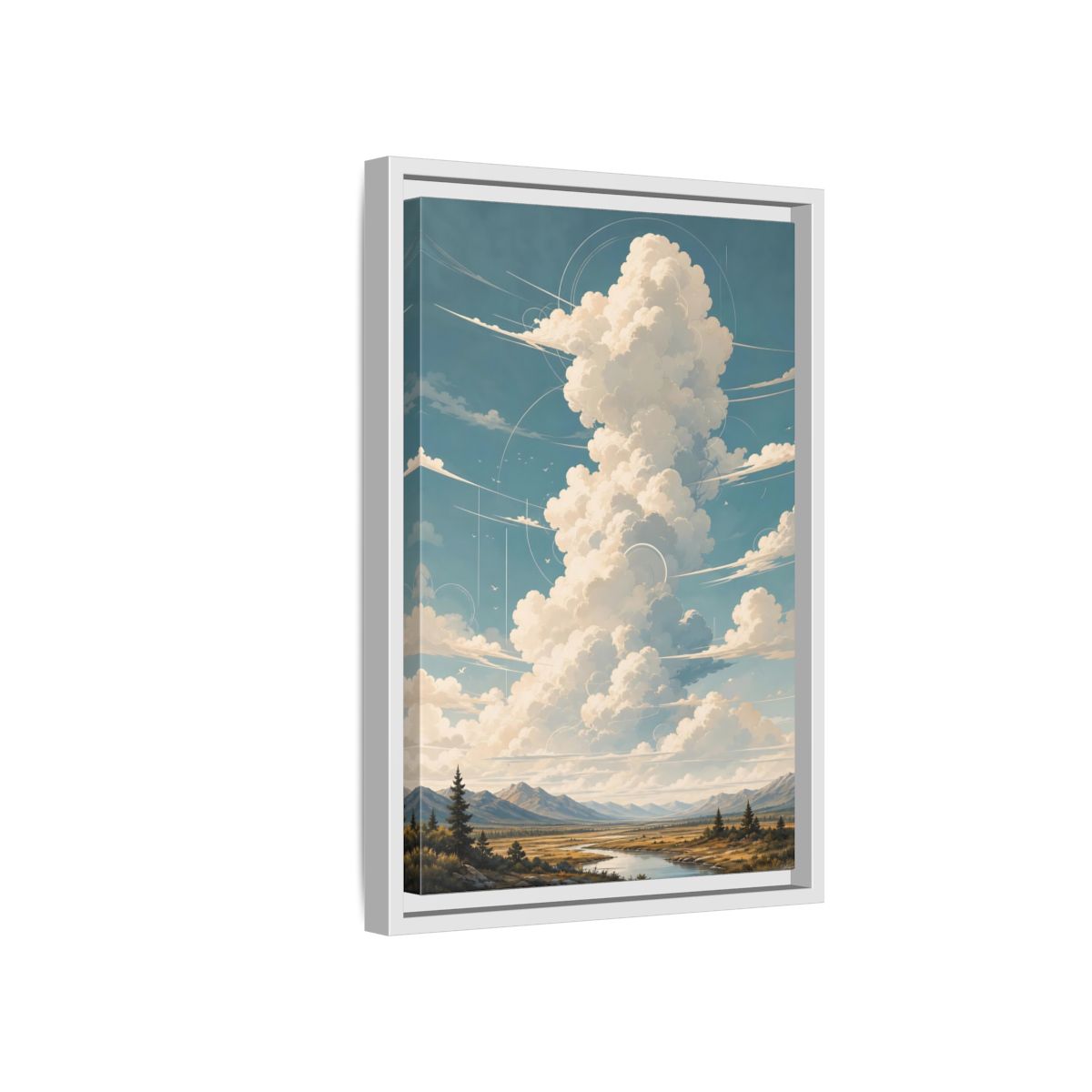 Nature Clouds Blue Sky Framed Canvas Wall Art - Illustrative Living Room, Above Fireplace shown as canvas wall art