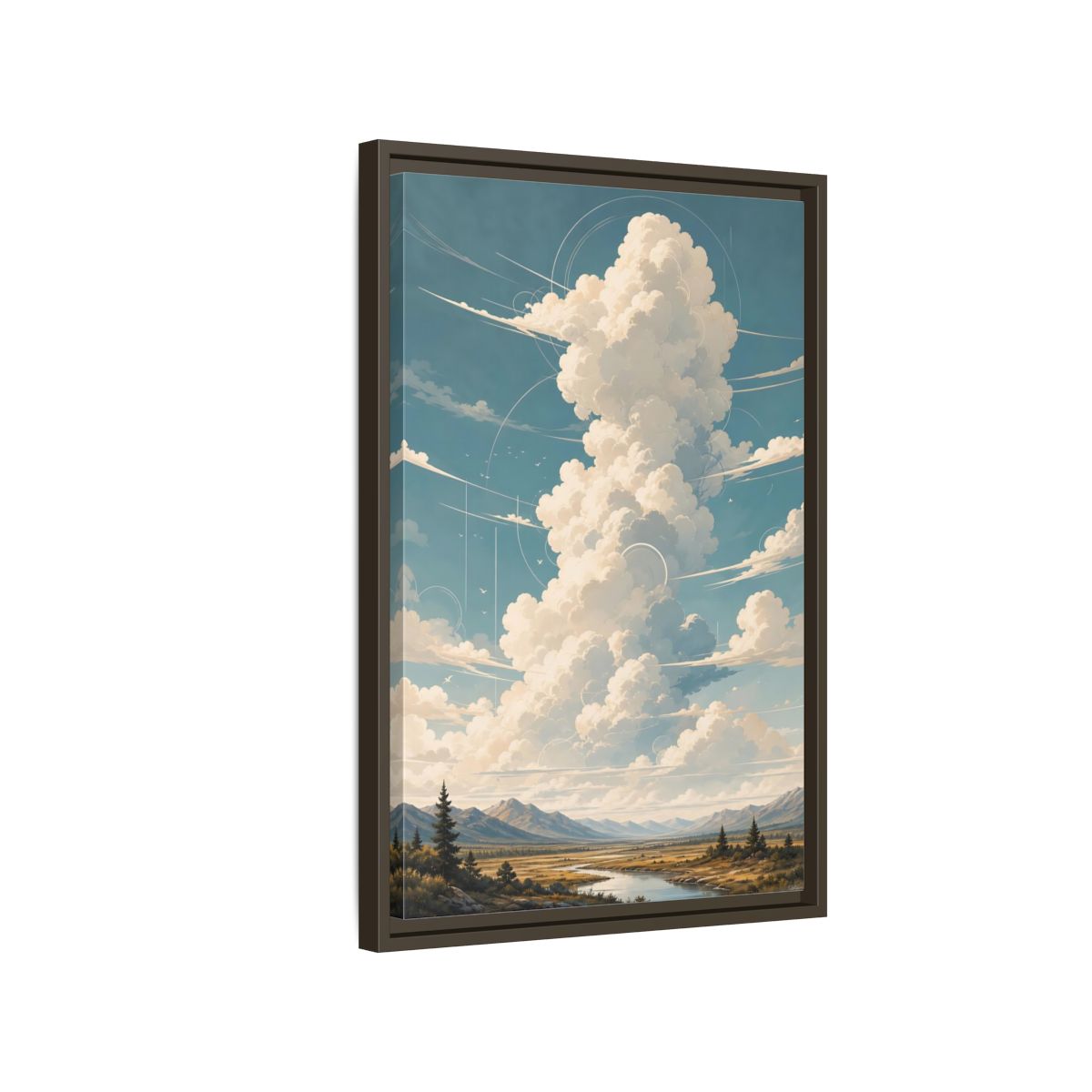 Nature Clouds Blue Sky Framed Canvas Wall Art - Illustrative Living Room, Above Fireplace shown as canvas wall art