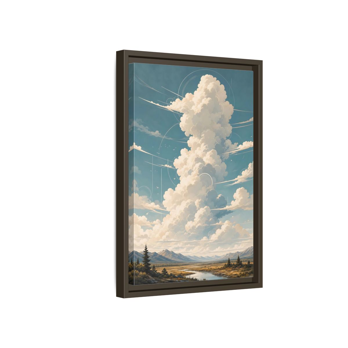 Nature Clouds Blue Sky Framed Canvas Wall Art - Illustrative Living Room, Above Fireplace shown as canvas wall art