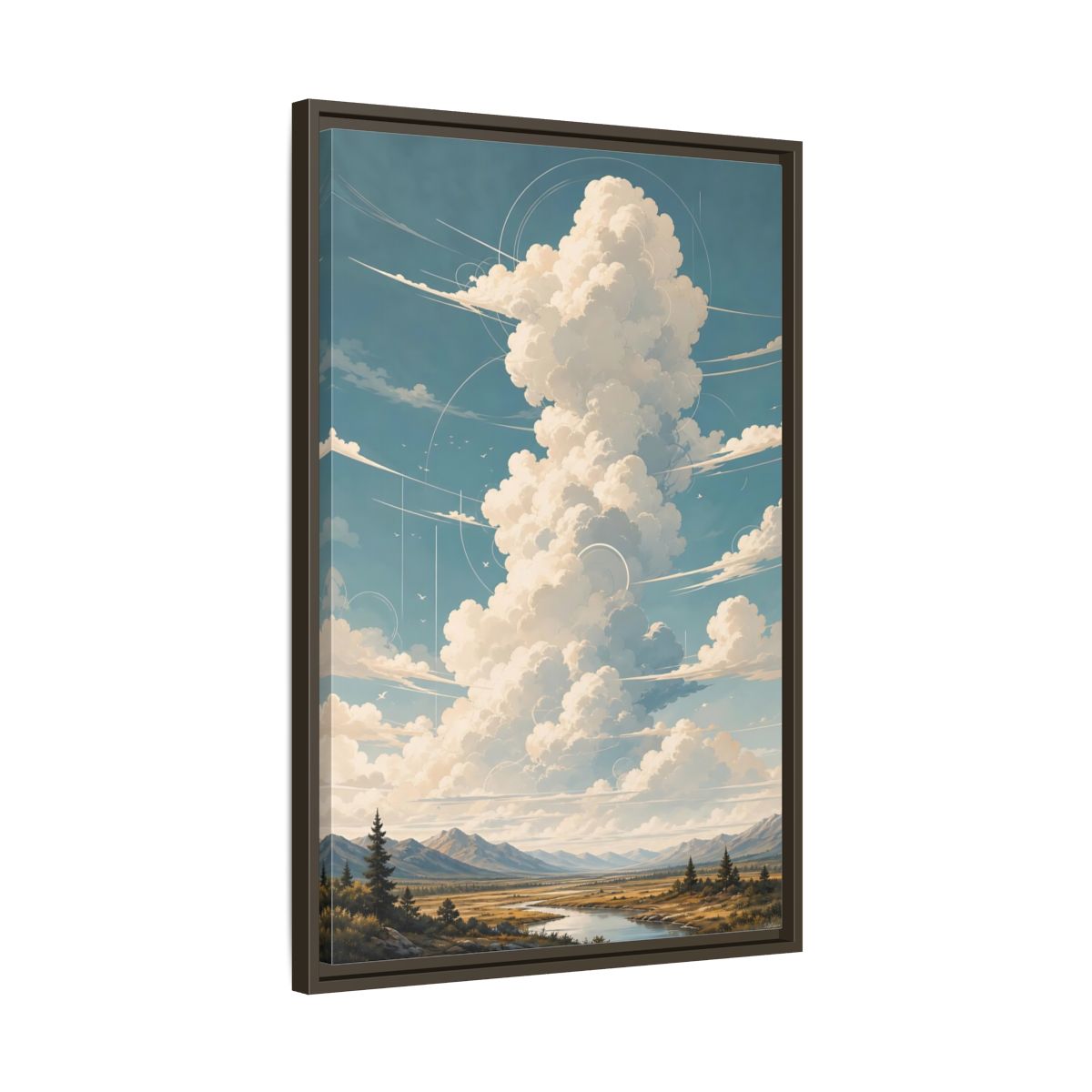 Nature Clouds Blue Sky Framed Canvas Wall Art - Illustrative Living Room, Above Fireplace shown as canvas wall art