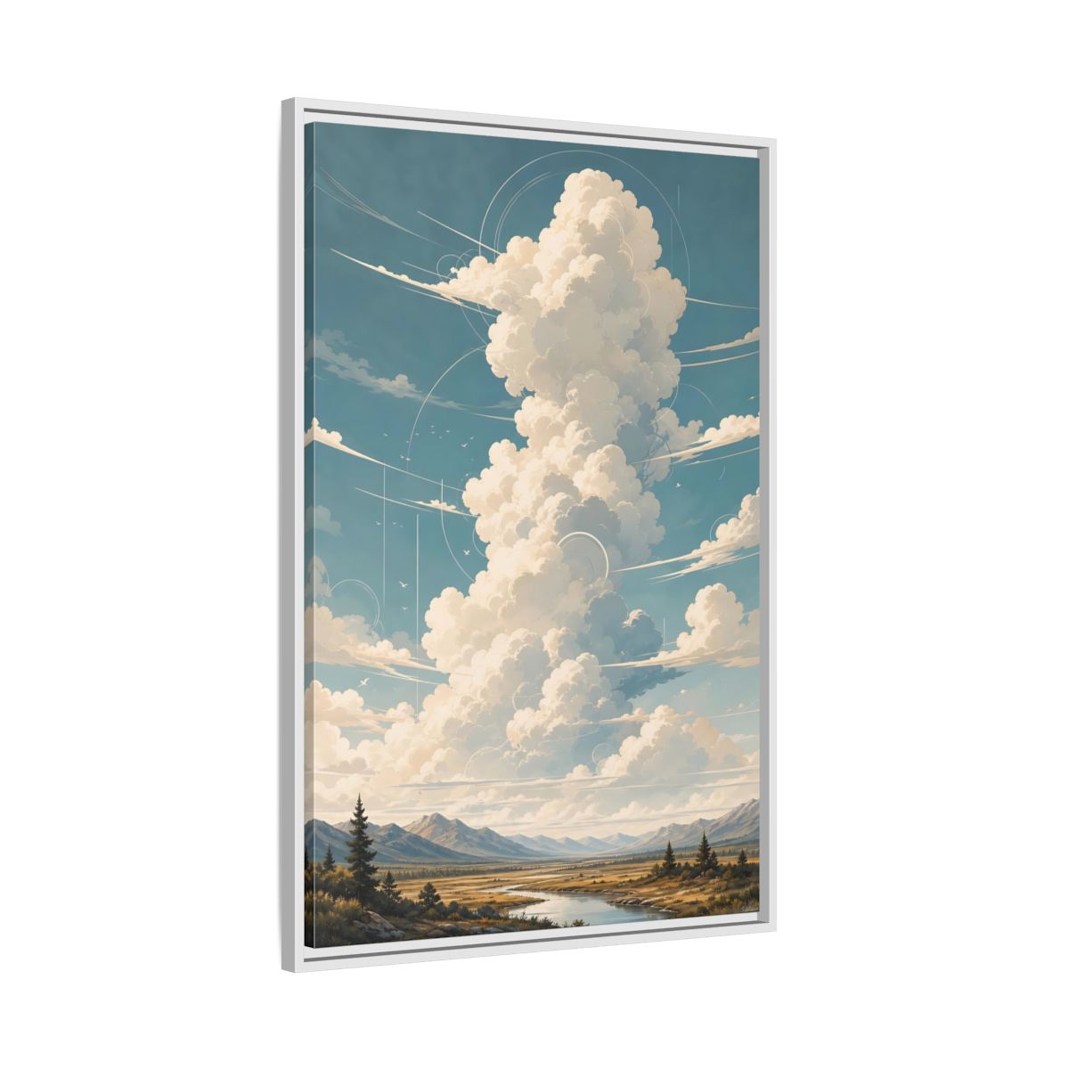 Nature Clouds Blue Sky Framed Canvas Wall Art - Illustrative Living Room, Above Fireplace shown as canvas wall art