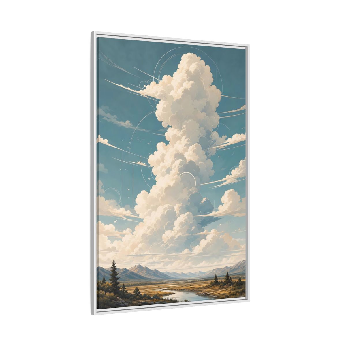 Nature Clouds Blue Sky Framed Canvas Wall Art - Illustrative Living Room, Above Fireplace shown as canvas wall art