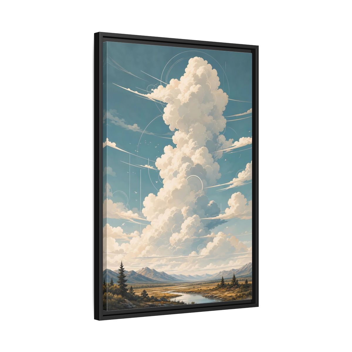 Nature Clouds Blue Sky Framed Canvas Wall Art - Illustrative Living Room, Above Fireplace shown as canvas wall art