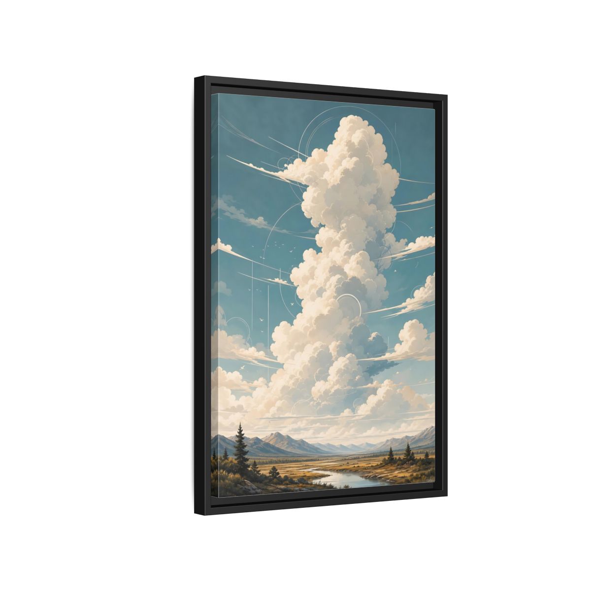 Nature Clouds Blue Sky Framed Canvas Wall Art - Illustrative Living Room, Above Fireplace shown as canvas wall art