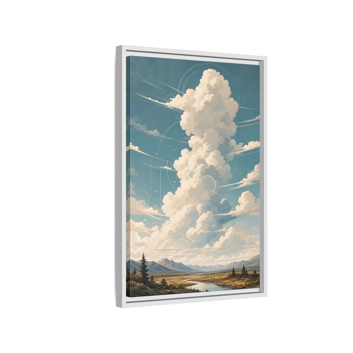 Nature Clouds Blue Sky Framed Canvas Wall Art - Illustrative Living Room, Above Fireplace shown as canvas wall art