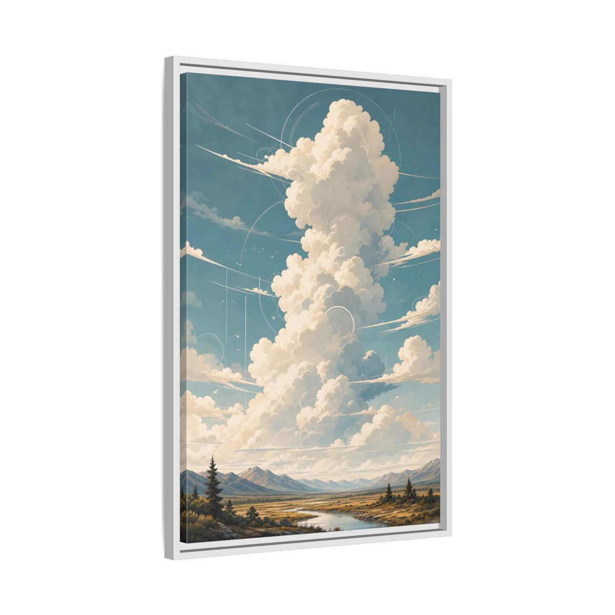 Nature Clouds Blue Sky Framed Canvas Wall Art - Illustrative Living Room, Above Fireplace shown as canvas wall art