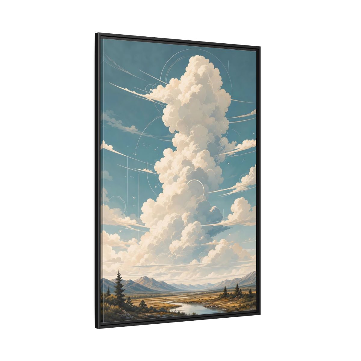 Nature Clouds Blue Sky Framed Canvas Wall Art - Illustrative Living Room, Above Fireplace shown as canvas wall art