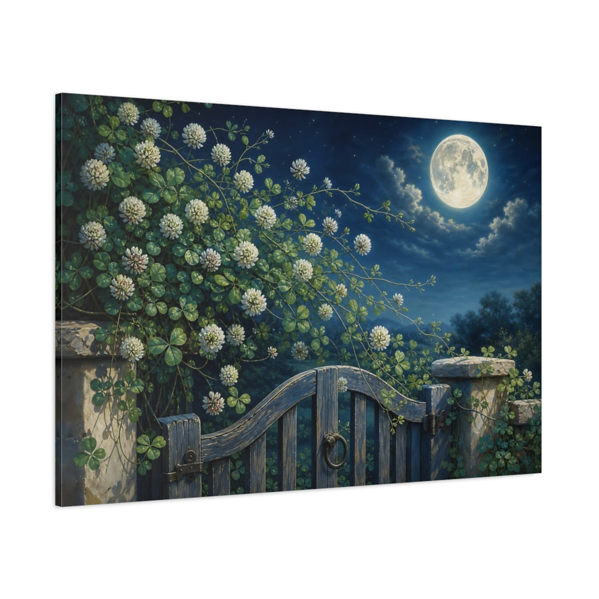 Side Mockup 1. Nature Clover Blossoms Night Garden Scene shown as stretched canvas wall art
