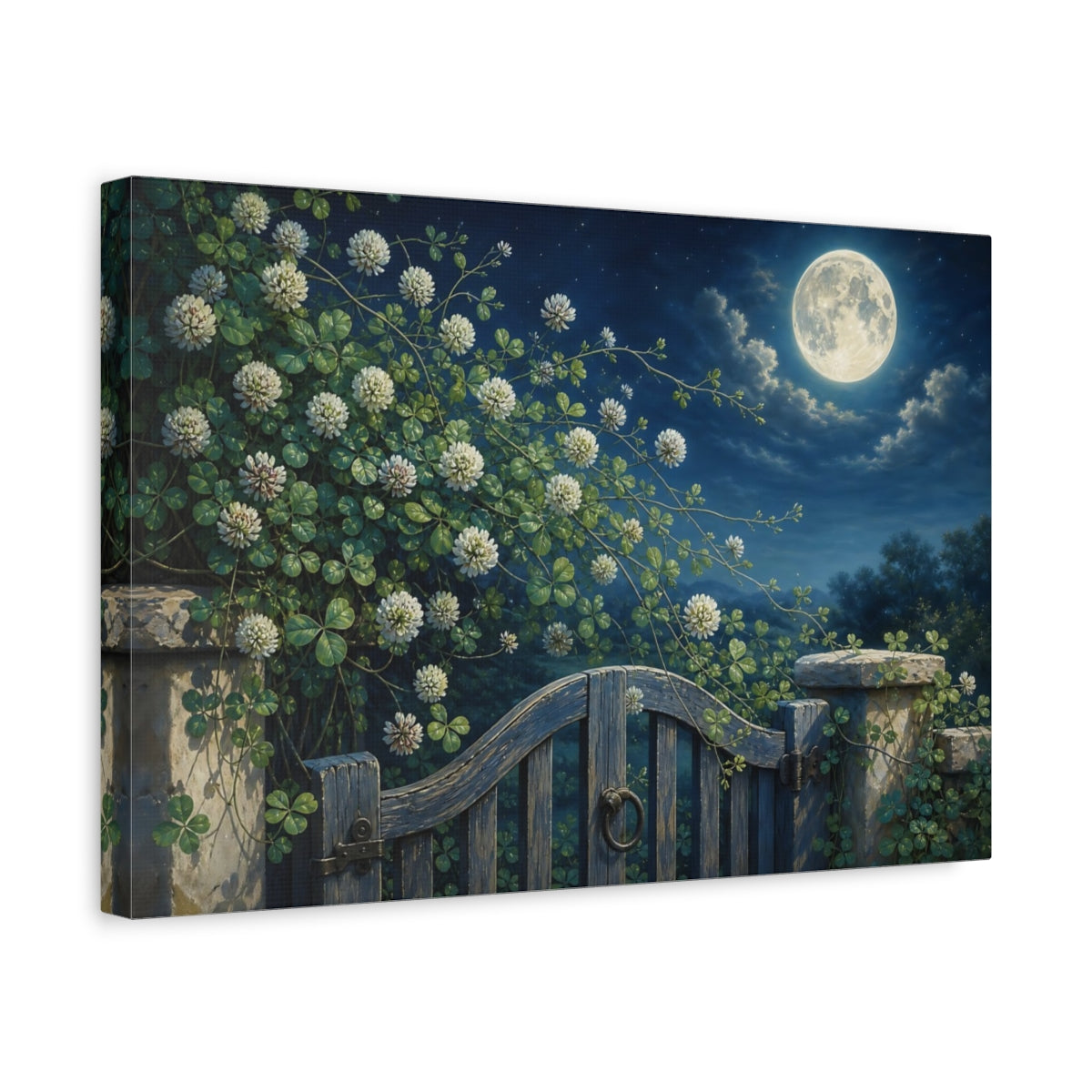 Side Mockup 4. Nature Clover Blossoms Night Garden Scene shown as stretched canvas wall art