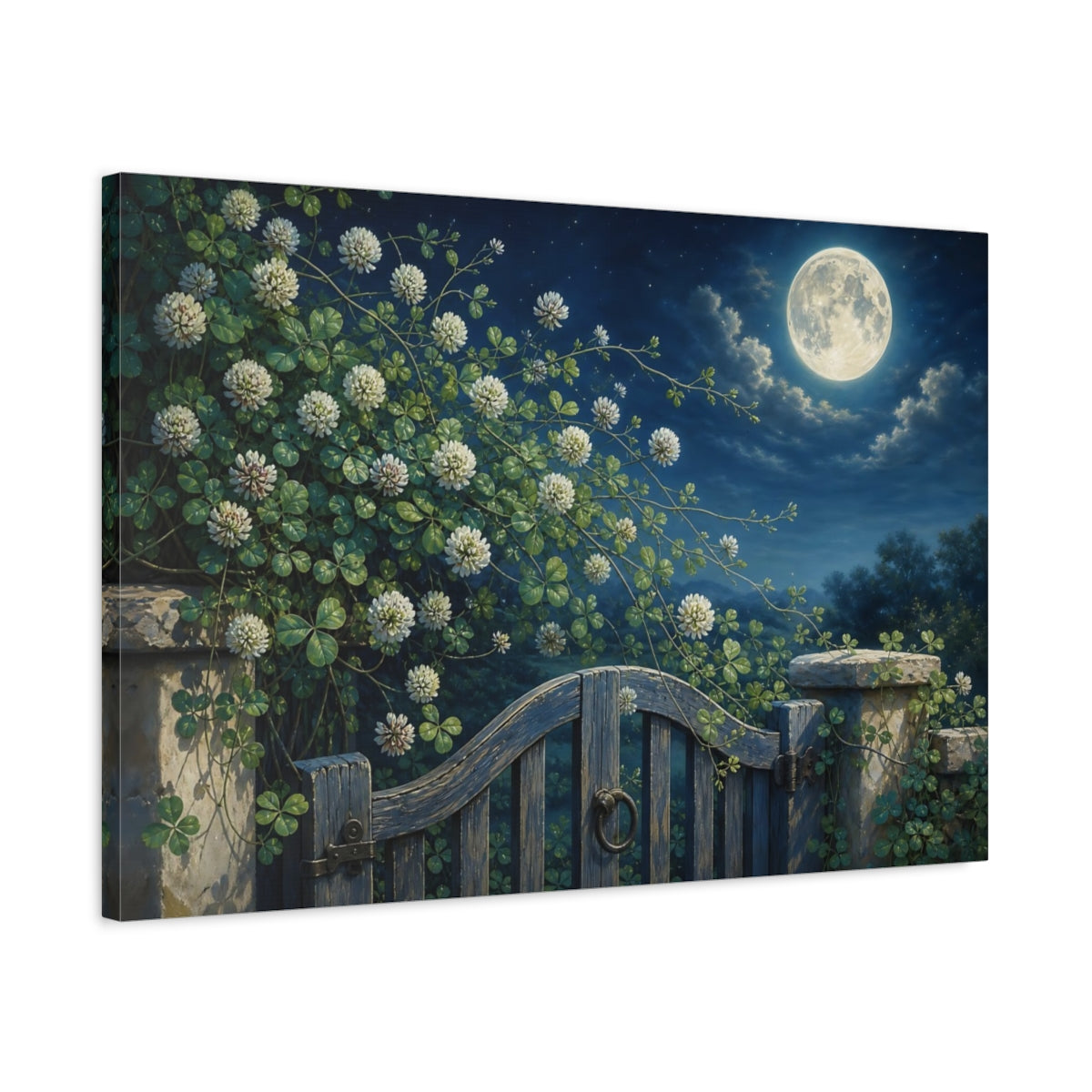 Side Mockup 2. Nature Clover Blossoms Night Garden Scene shown as stretched canvas wall art