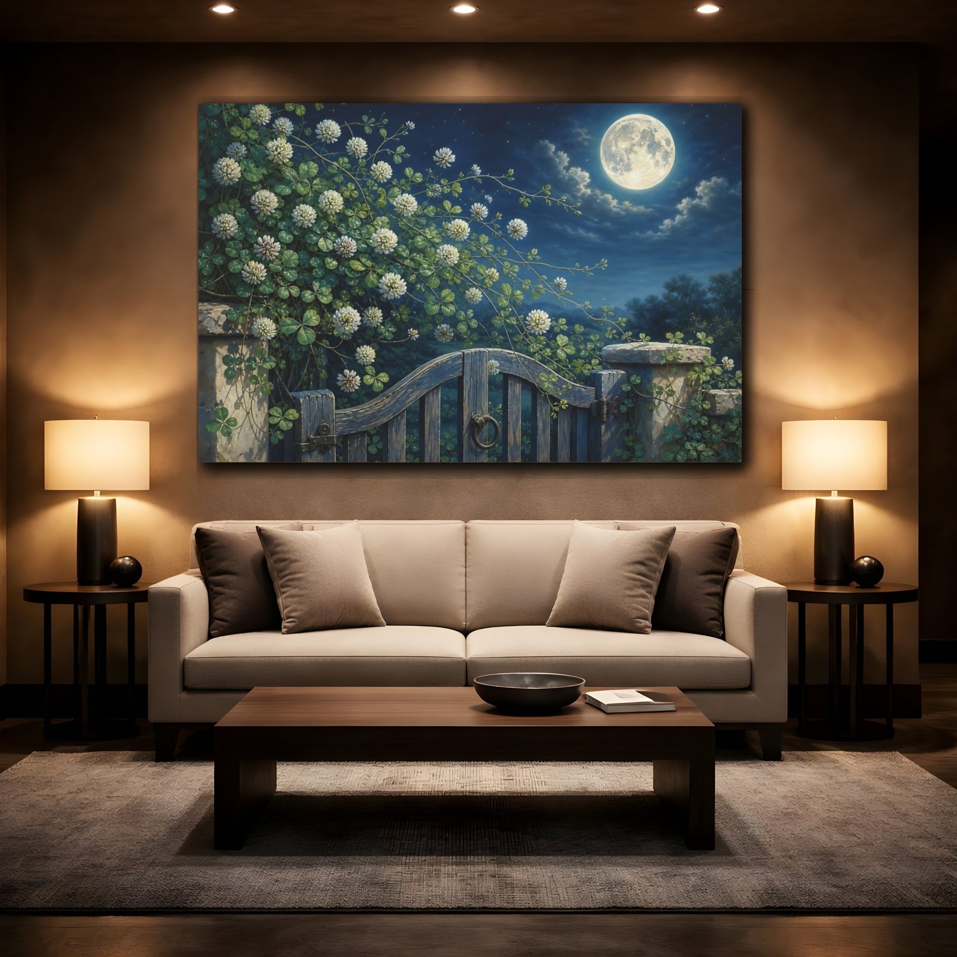 Mockup 2. Nature Clover Blossoms Night Garden Scene shown as stretched canvas wall art