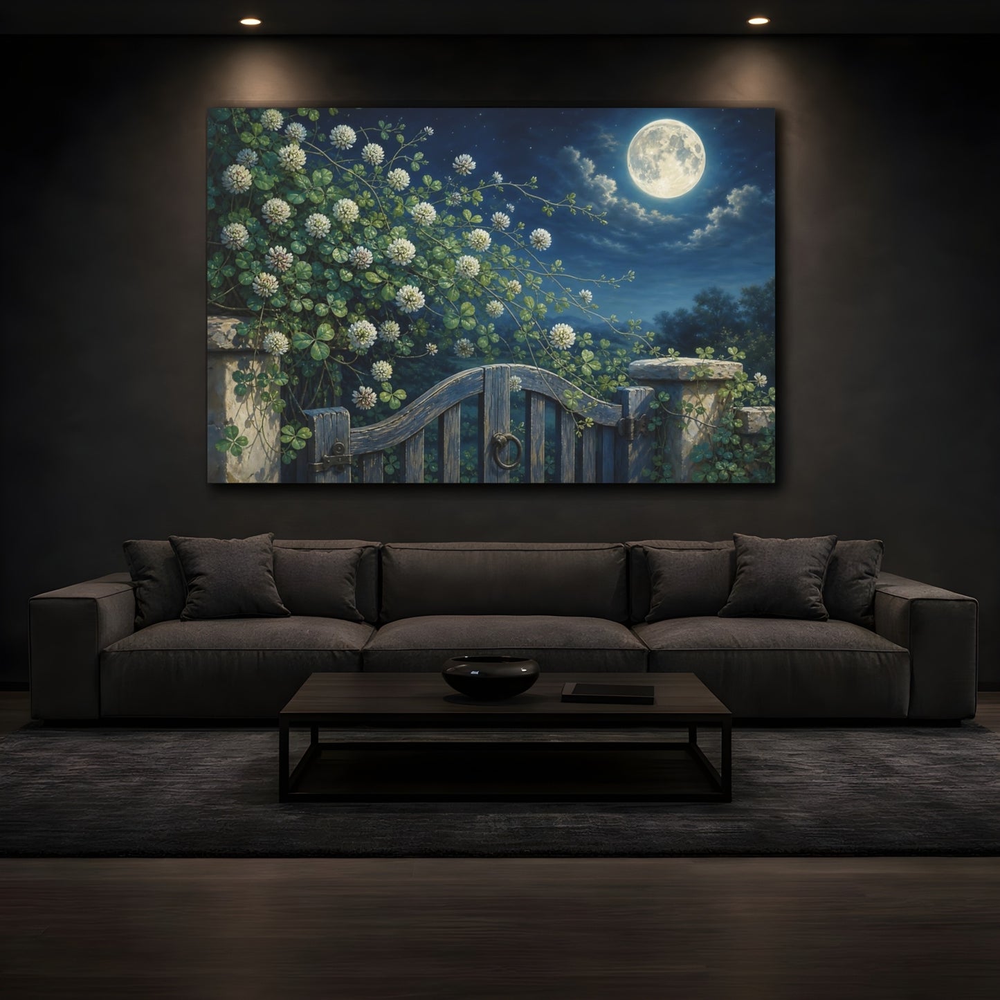 Mockup 3. Nature Clover Blossoms Night Garden Scene shown as stretched canvas wall art