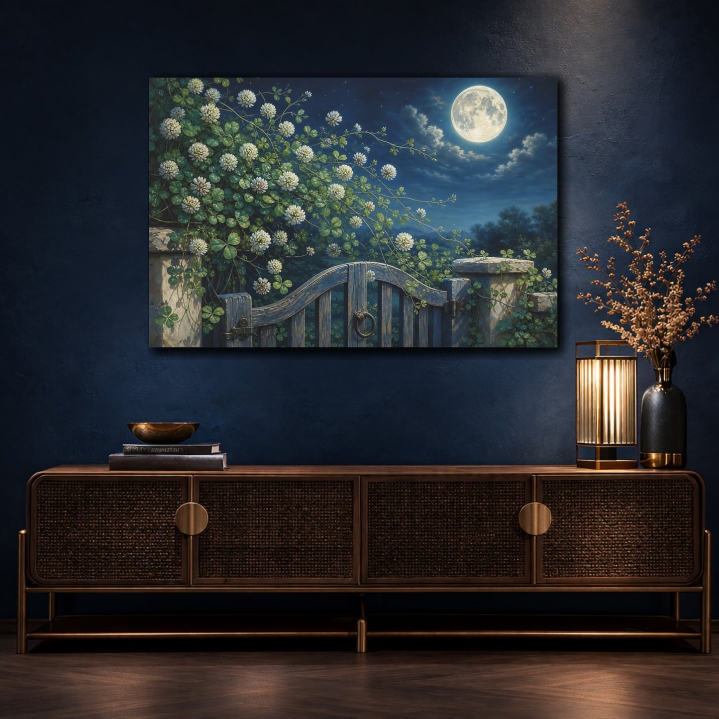 Mockup 4. Nature Clover Blossoms Night Garden Scene shown as stretched canvas wall art