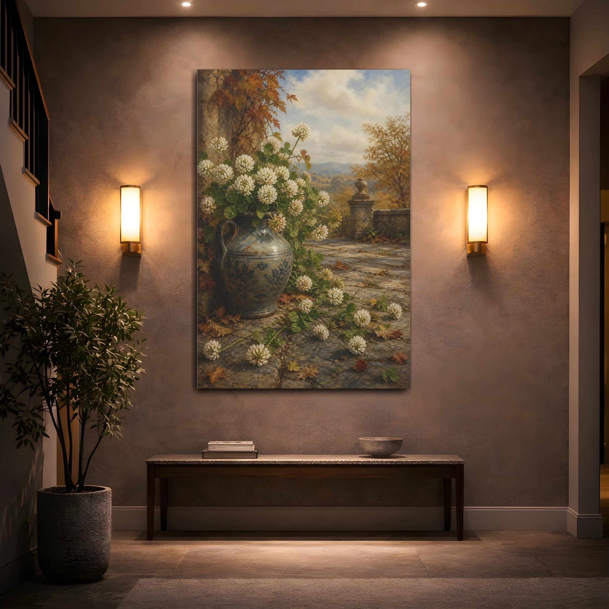 Mockup 2. Nature Clover Flowers Autumn Clover Landscape shown as stretched canvas wall art