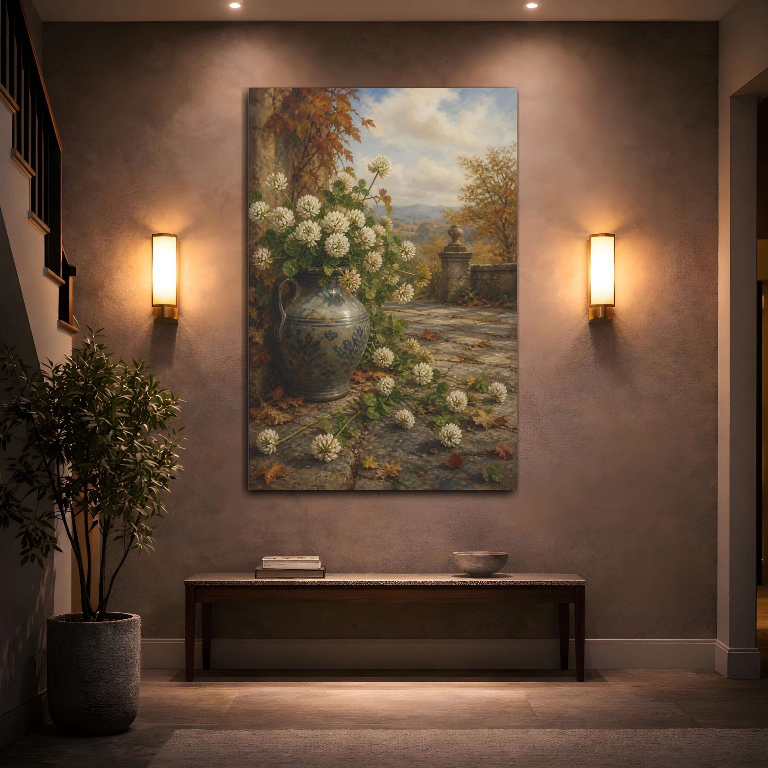 Mockup 2. Nature Clover Flowers Autumn Clover Landscape shown as stretched canvas wall art