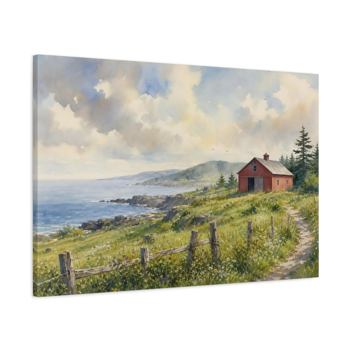 Main Mockup. Nature Coastal Barn Coastal Landscape shown as stretched canvas wall art