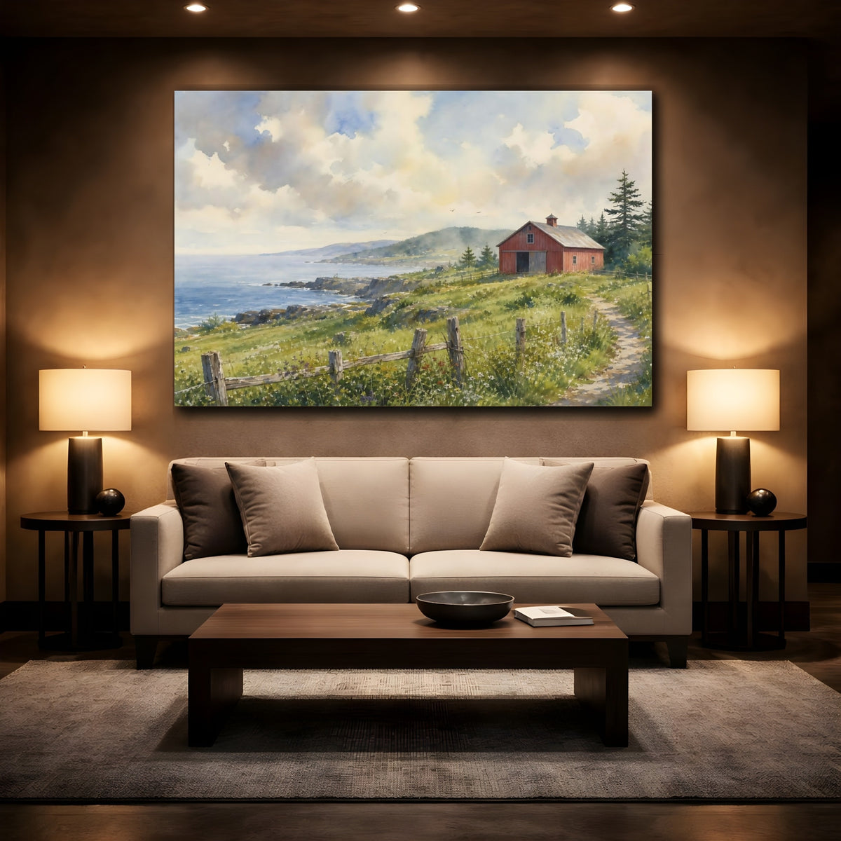 Mockup 2. Nature Coastal Barn Coastal Landscape shown as stretched canvas wall art