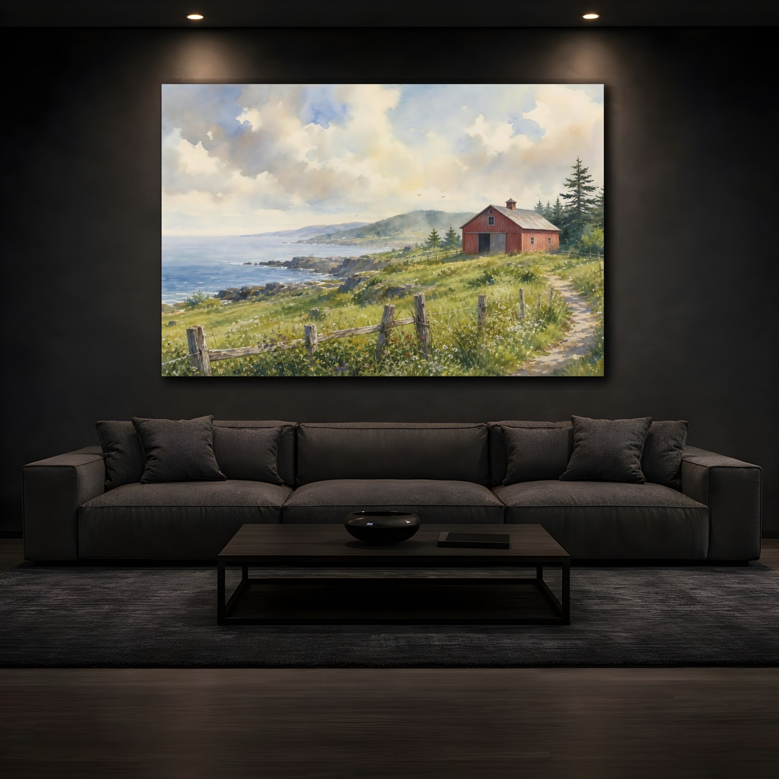 Mockup 3. Nature Coastal Barn Coastal Landscape shown as stretched canvas wall art