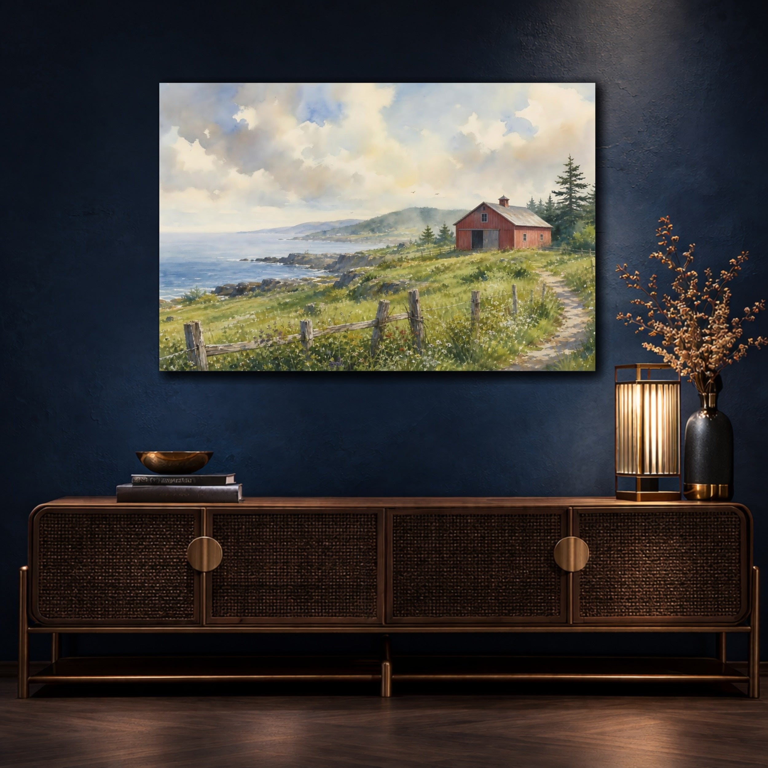 Mockup 4. Nature Coastal Barn Coastal Landscape shown as stretched canvas wall art